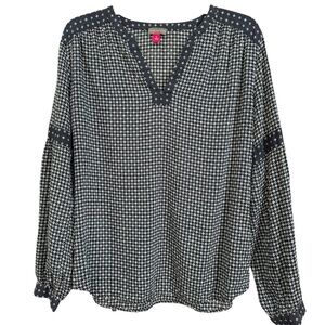 🖤 Vince Camuto Boho Peasant Blouse M Black White Tile Print